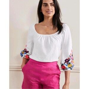 Boden Hayden Floral Embroidered Sleeve Jersey Top